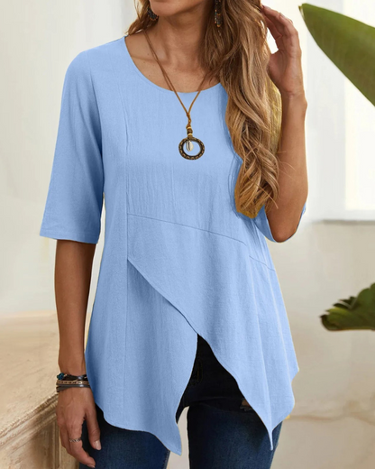 Zayda - Casual loose round-neck asymmetrical blouse