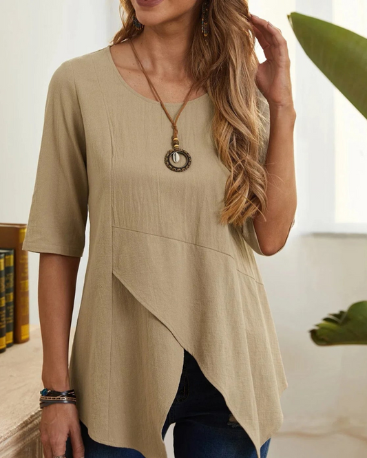 Zayda - Casual loose round-neck asymmetrical blouse