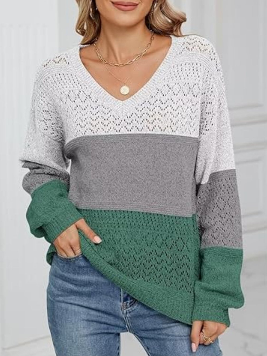 Hannela - Elegant striped eyelet V-neck jumper