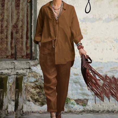Suzy - Vintage polo blouse and casual trousers set