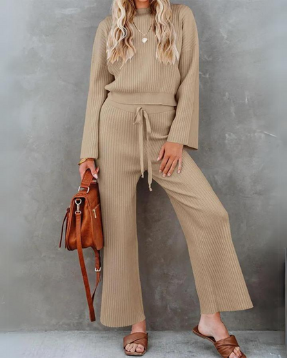 Verla - Elegant long-sleeve round neck top and trousers set