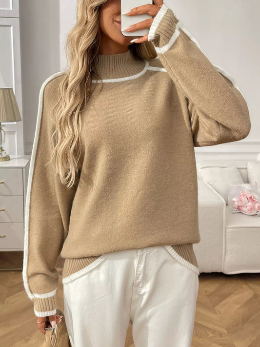 Adanna - Elegant High-Neck Long-Sleeve Jumper with Contrast Trim