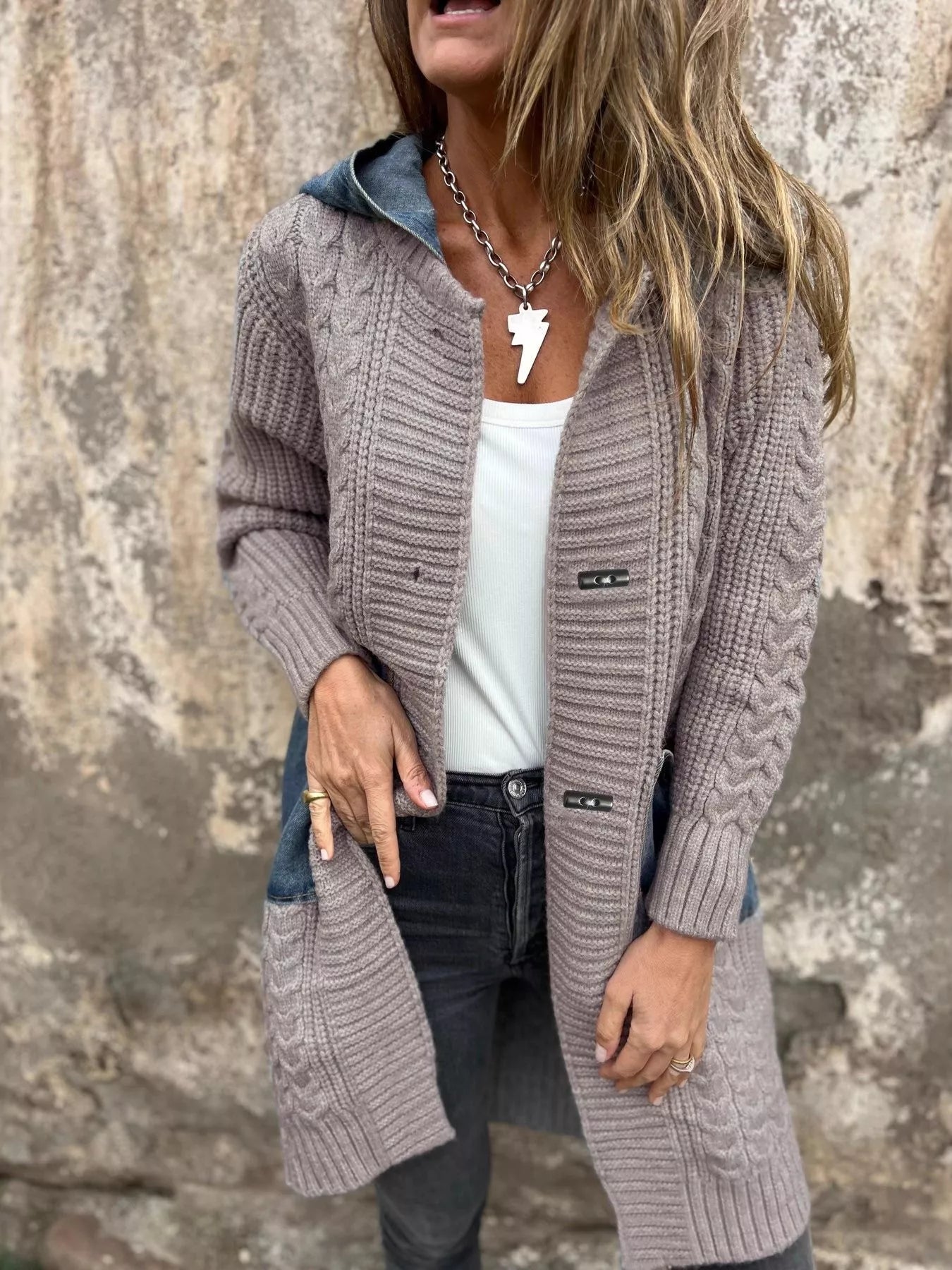 Pandorra - Stylish hooded cable knit longline cardigan