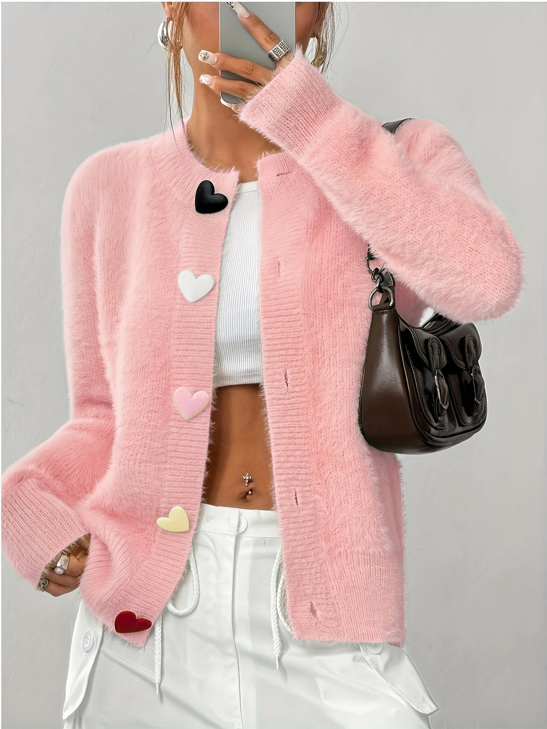 Zelina - Chic warm heart button warm cardigan