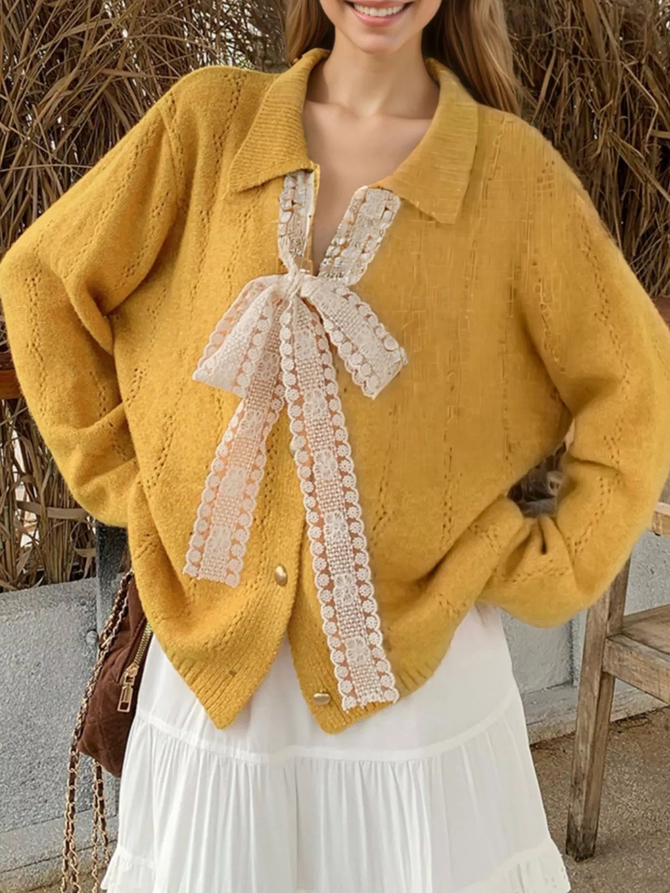 Gianetta - Cozy loose lace tie button-up cardigan