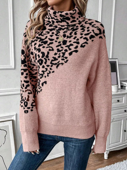 Vivianna - Cozy leopard turtleneck long sleeve sweater
