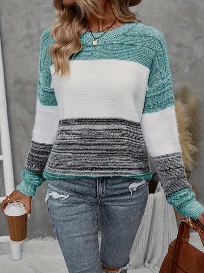 Wynette - Stylish knitted striped color block warm sweater