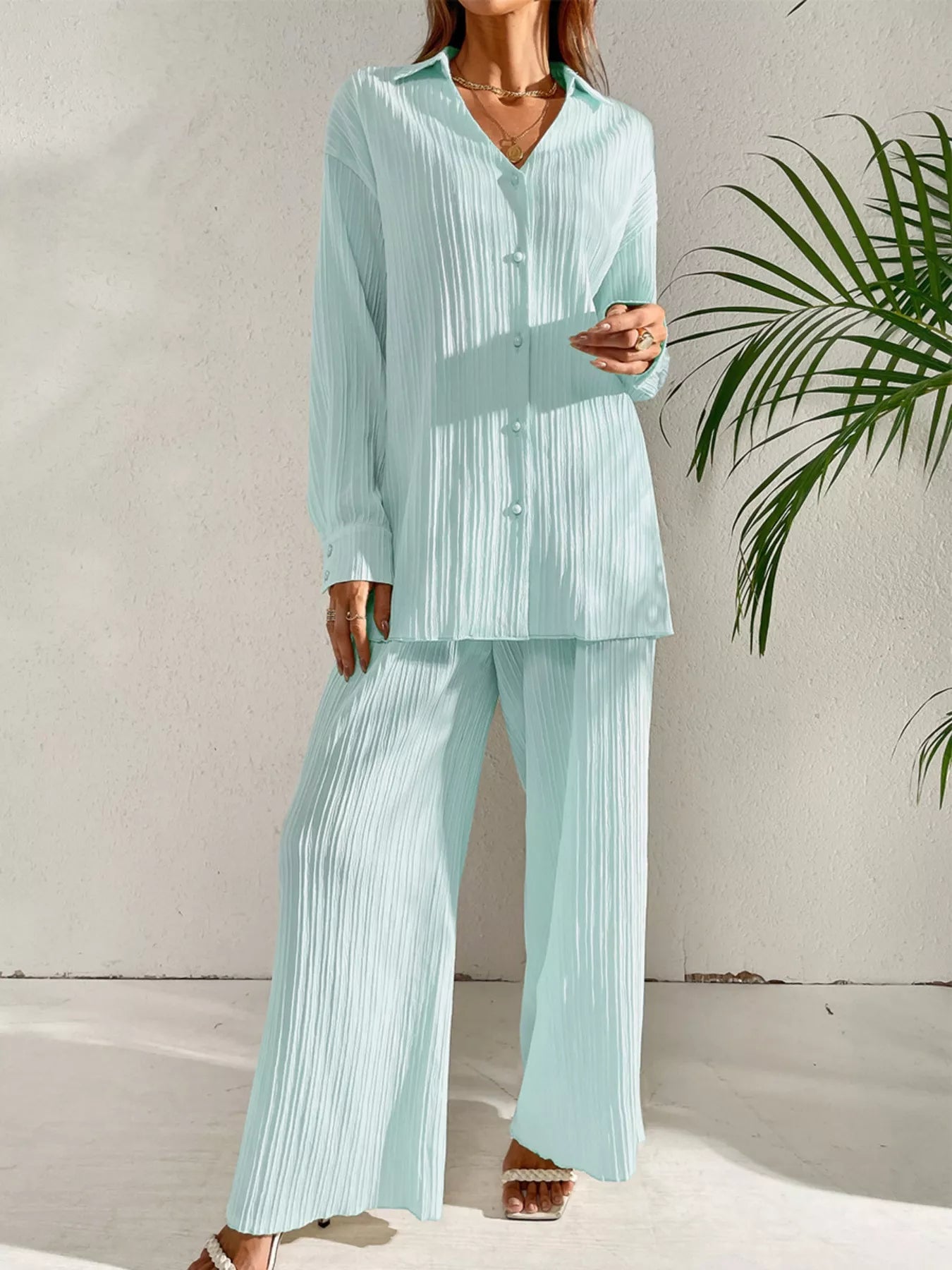Jimmena - Cozy long sleeve textured shirt and wide leg pants set