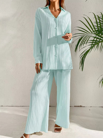 Jimmena - Cozy long sleeve textured shirt and wide leg pants set