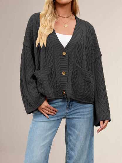 Zenitha - Stylish cable knit button-down loose cardigan