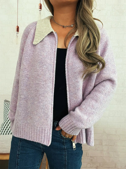 Zinaida - Stylish contrast collar zip-up cardigan