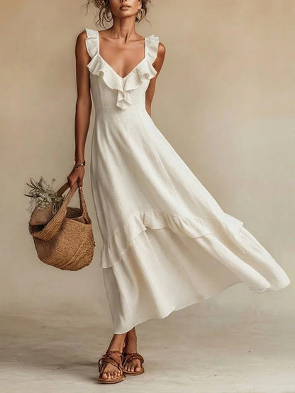Monnica - Elegant ruffled front V-neck flowy dress
