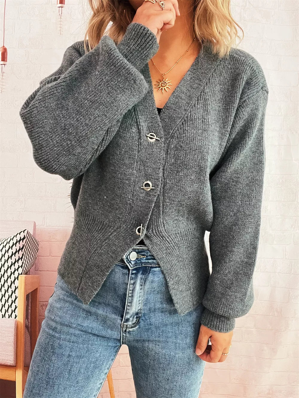 Michaela - Stylish ribbed knitted button-up long sleeve cardigan