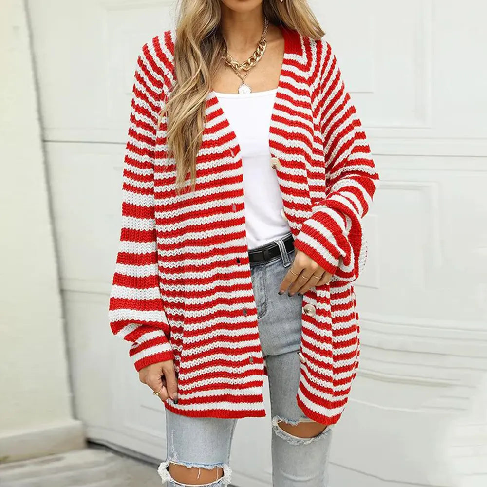 Carla - Chic striped button long sleeve cardigan