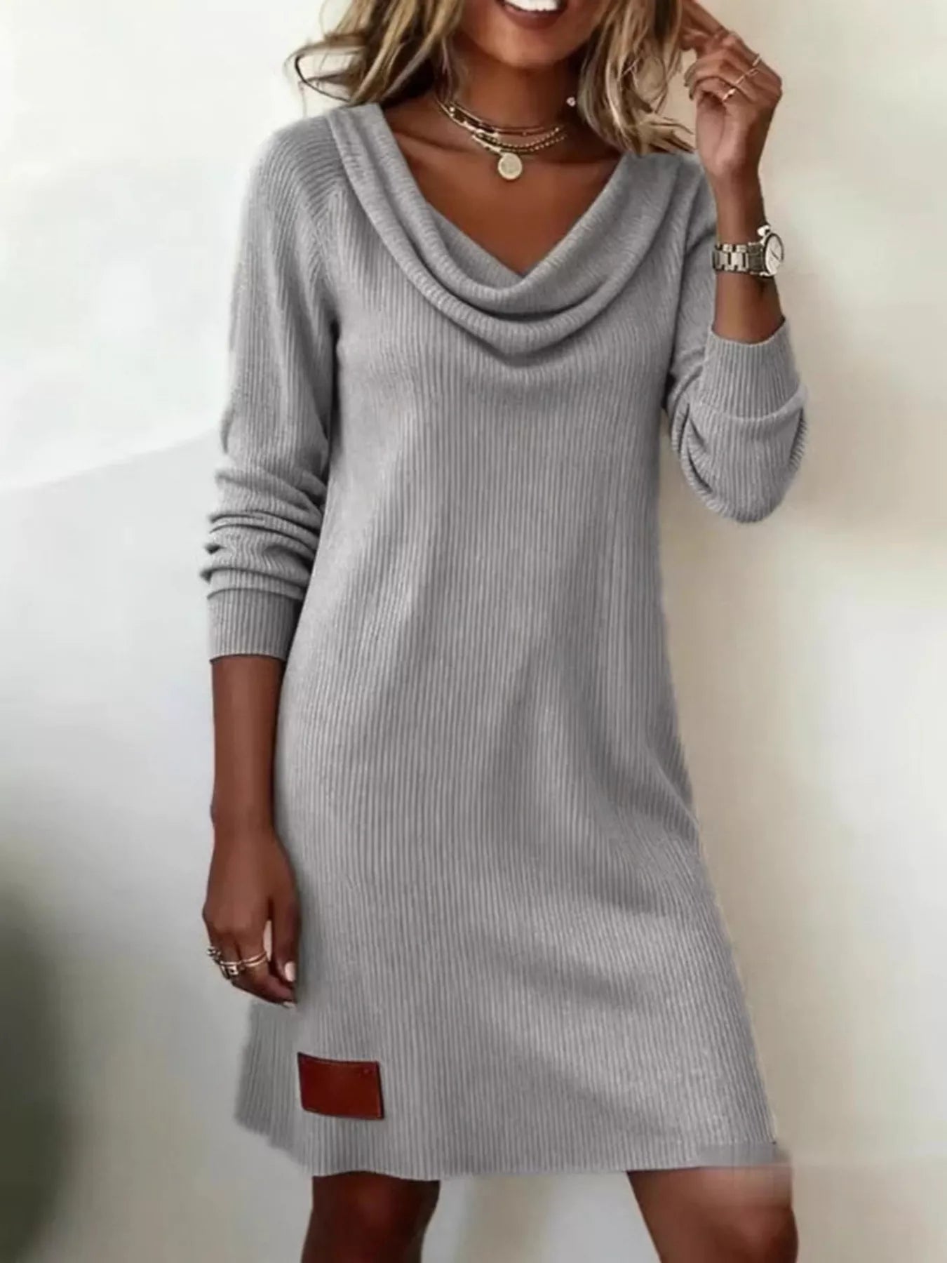 Aicelle - Casual cowl neck ribbed knit long sleeve mini dress