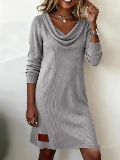 Aicelle - Casual cowl neck ribbed knit long sleeve mini dress