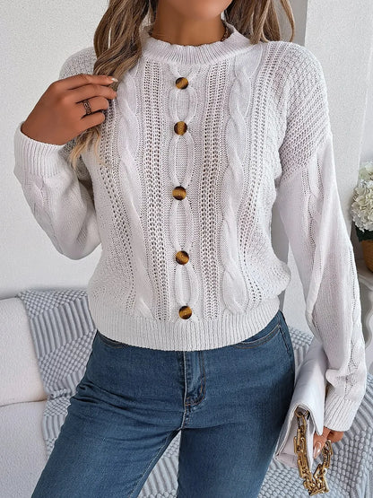 Abriella - Chic cable-knit buttoned round neck sweater