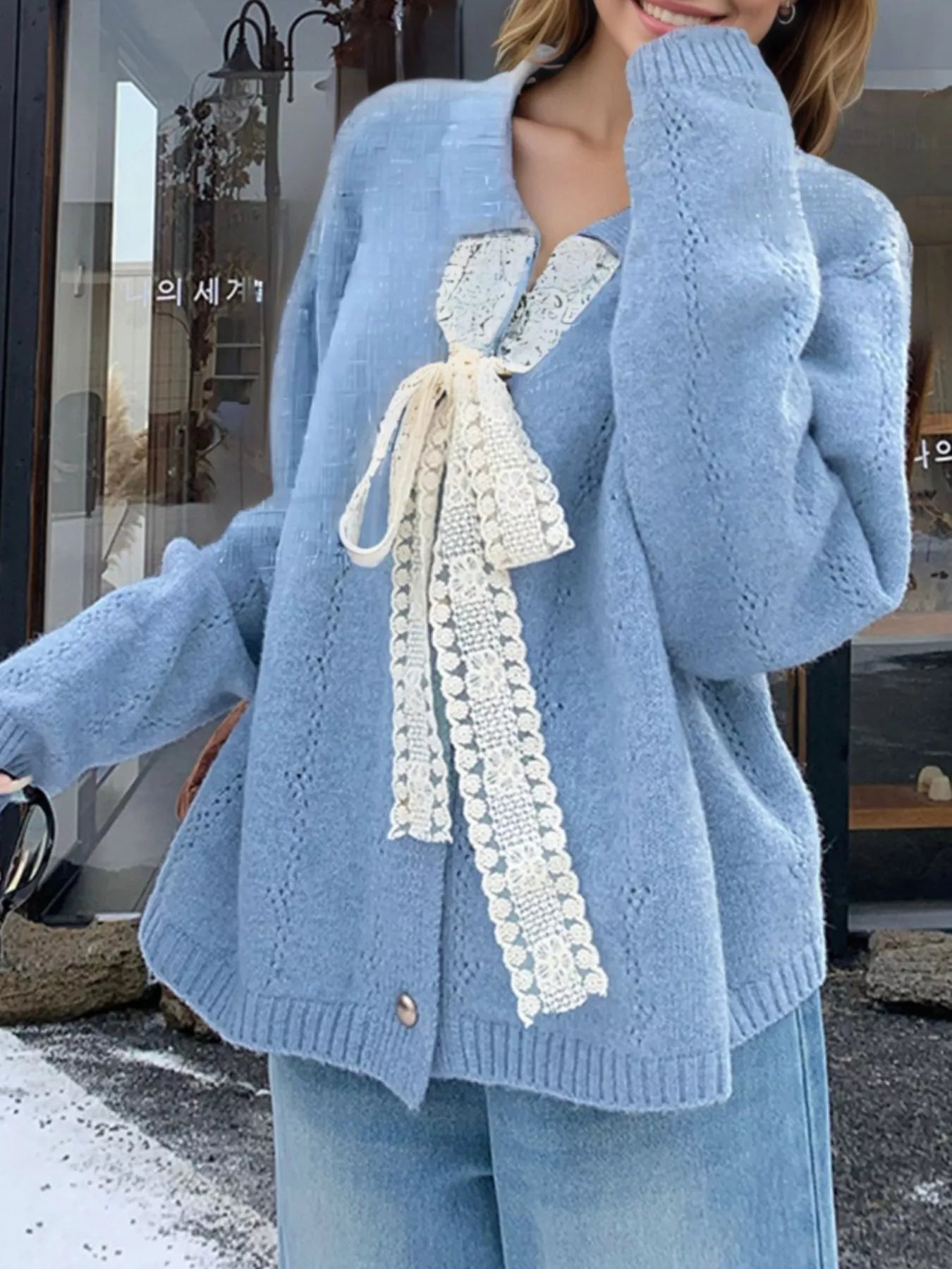 Gianetta - Cozy loose lace tie button-up cardigan