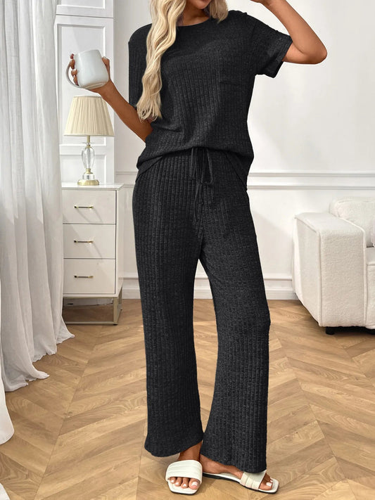 Helene - Elegant ribbed knit co-ord set with short-sleeve top and trousers