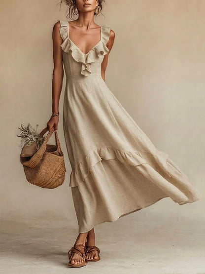 Monnica - Elegant ruffled front V-neck flowy dress