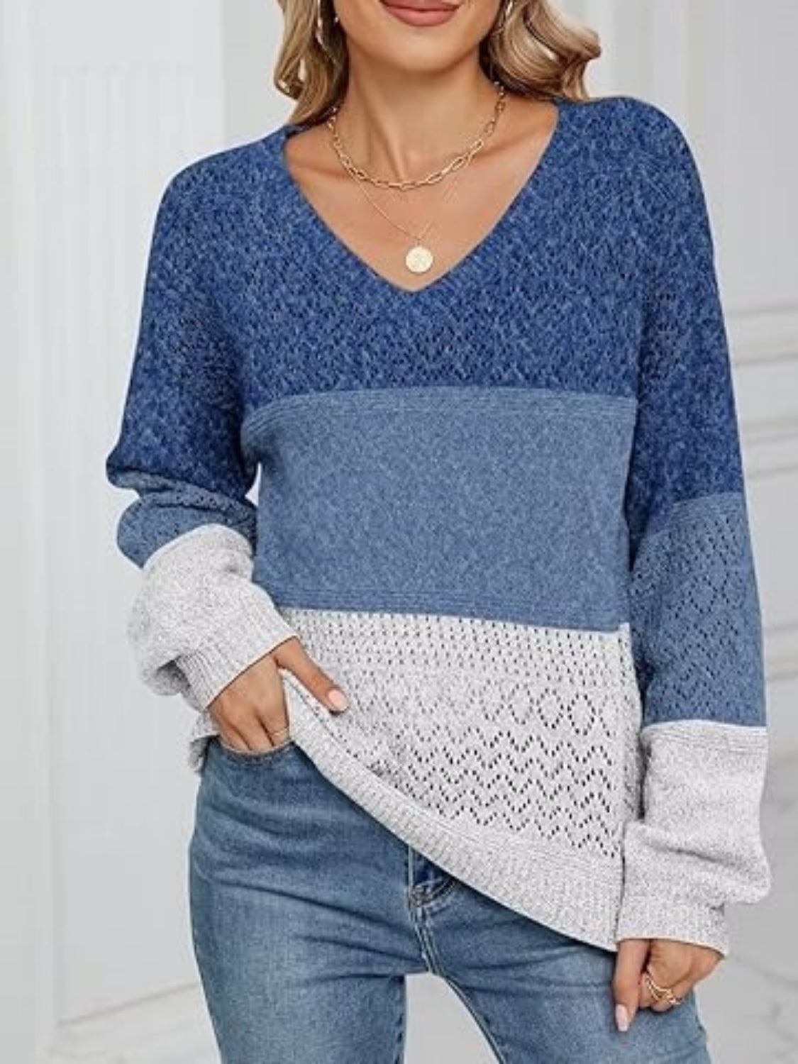Hannela - Elegant striped eyelet V-neck jumper