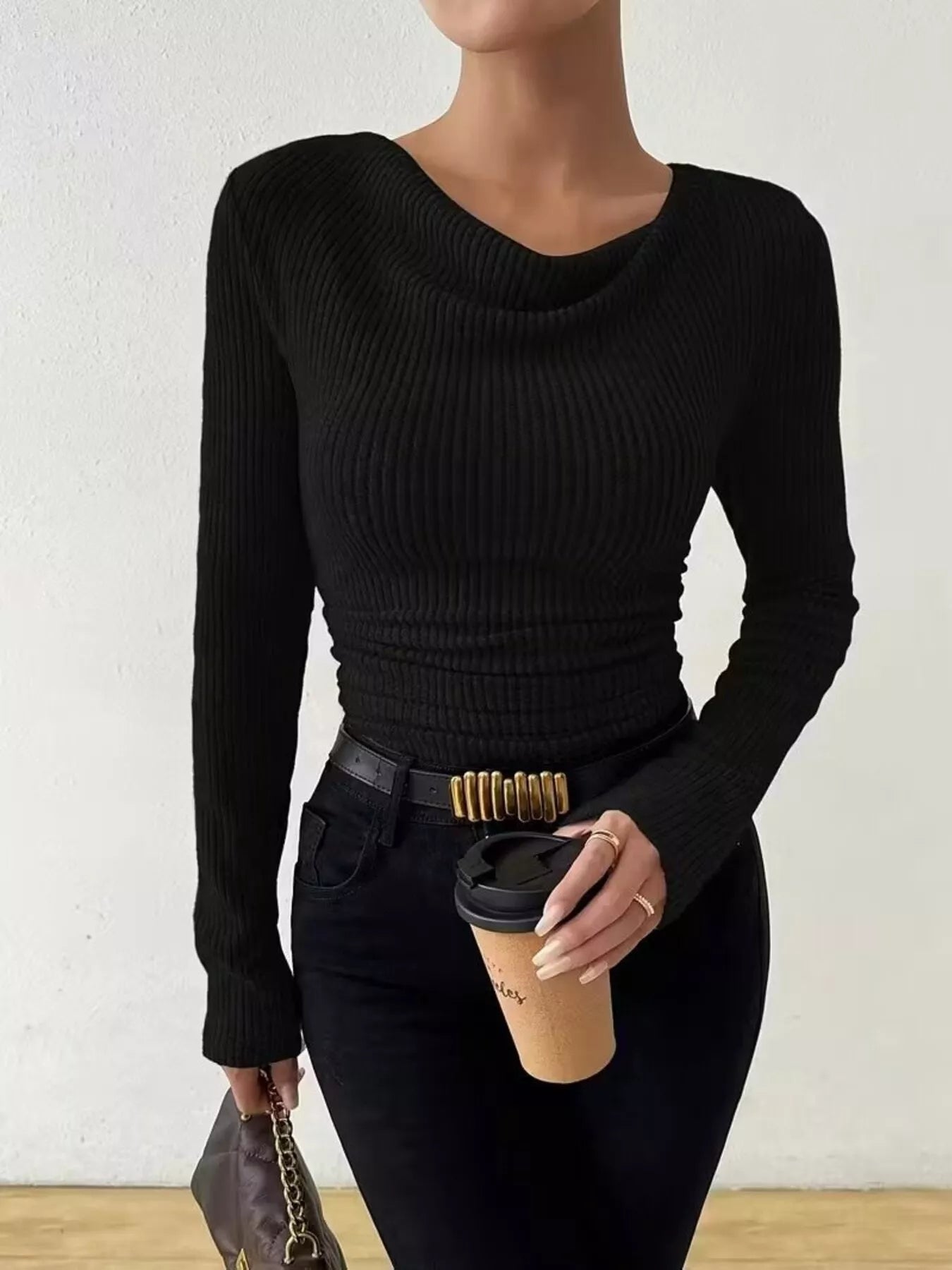 Ileana - Cowl neck ribbed knit sweatshirt