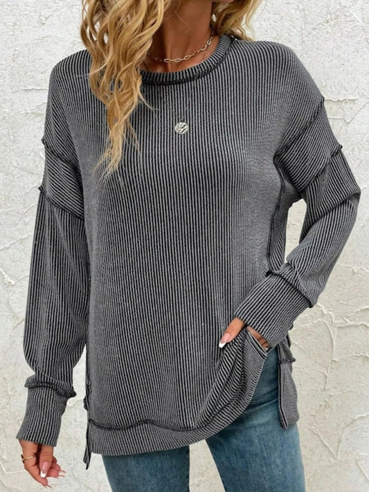 Aimy - Elegant Round-Neck Striped Jumper with Side Slit