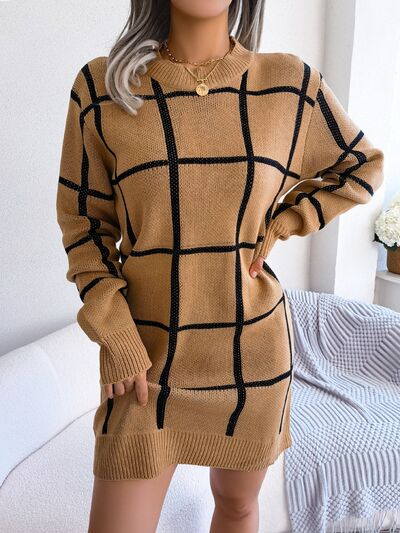 Liliah - Stylish plaid warm sweater mini dress