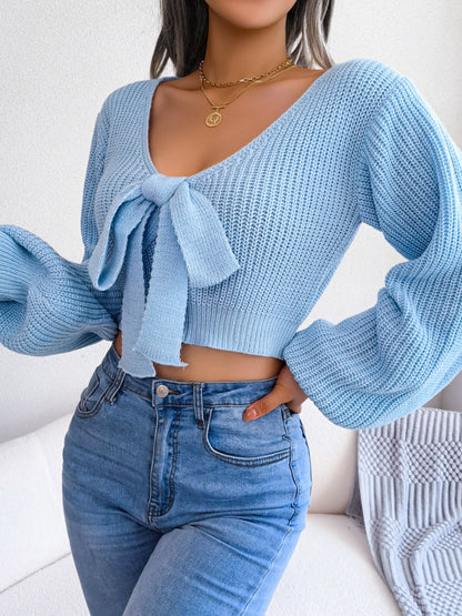 Glenda - Stylish knitted tie-front cropped sweater