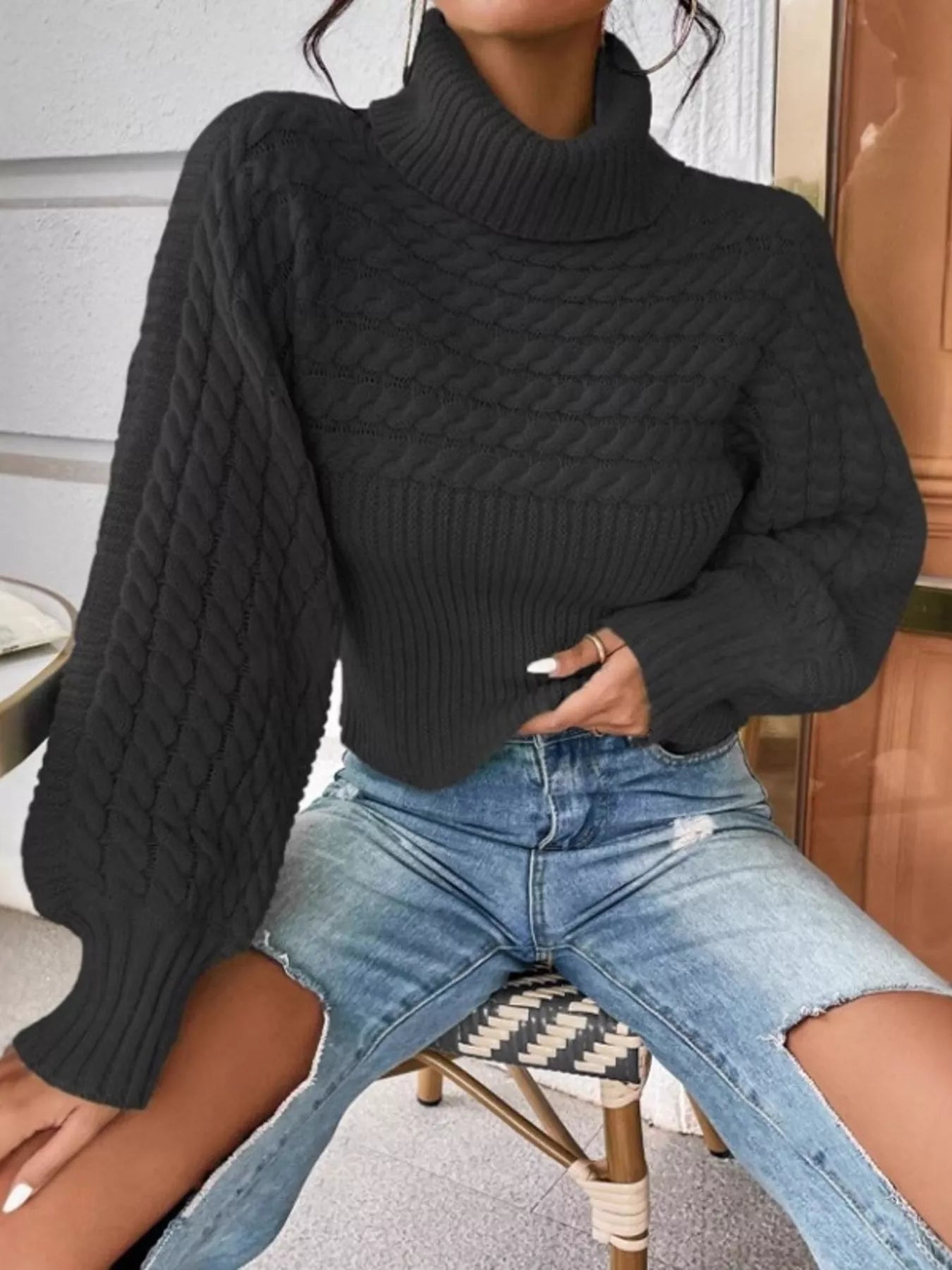 Devine - Cozy textured knit turtleneck long sleeve sweater