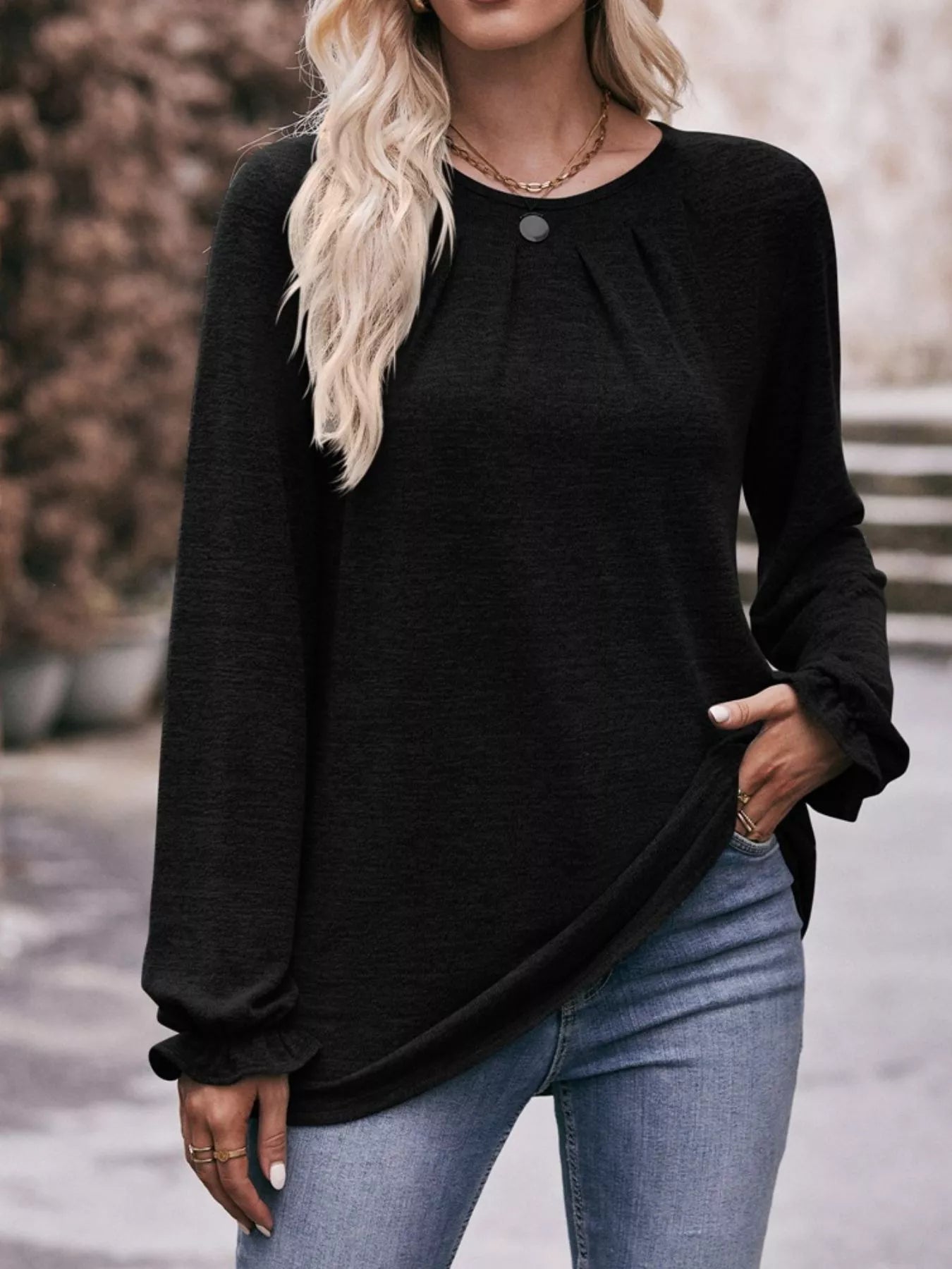 Wisteria - Casual ruffle cuff long sleeve sweatshirt