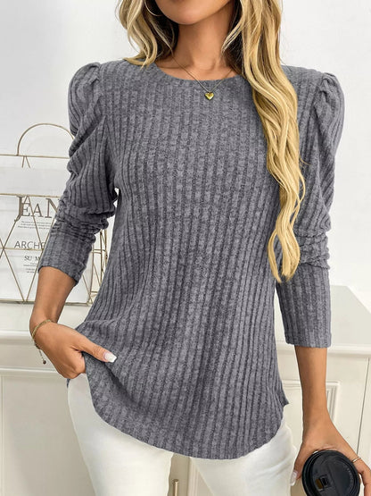 Yanna - Elegant Long-Sleeve Ribbed Sweatshirt with Round Neck and Puff Sleeves