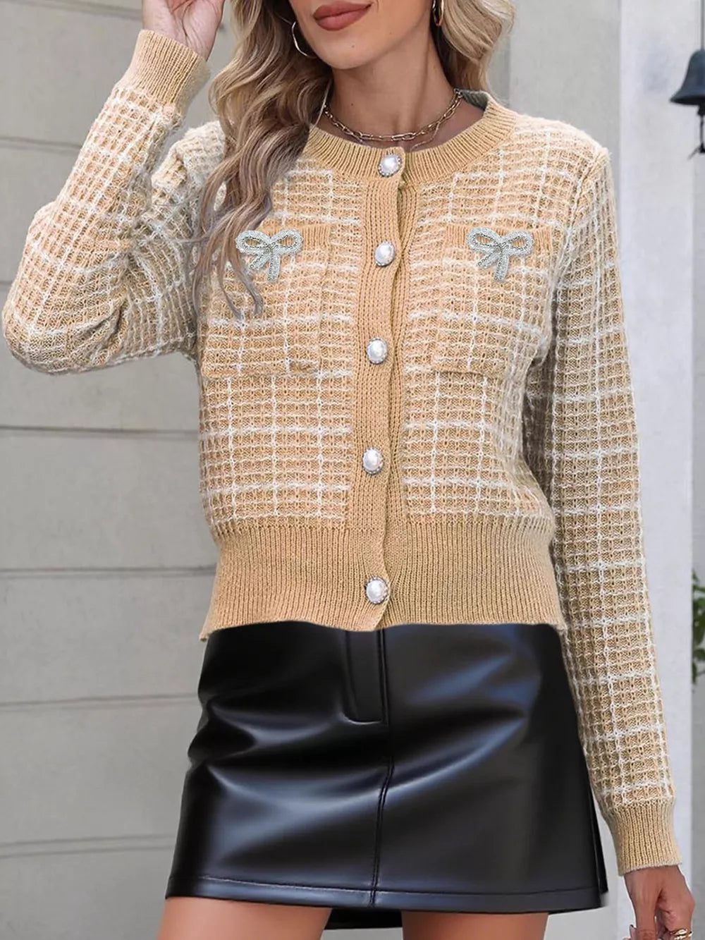 Ovelia - Chic bow decor checkered button-up cardigan