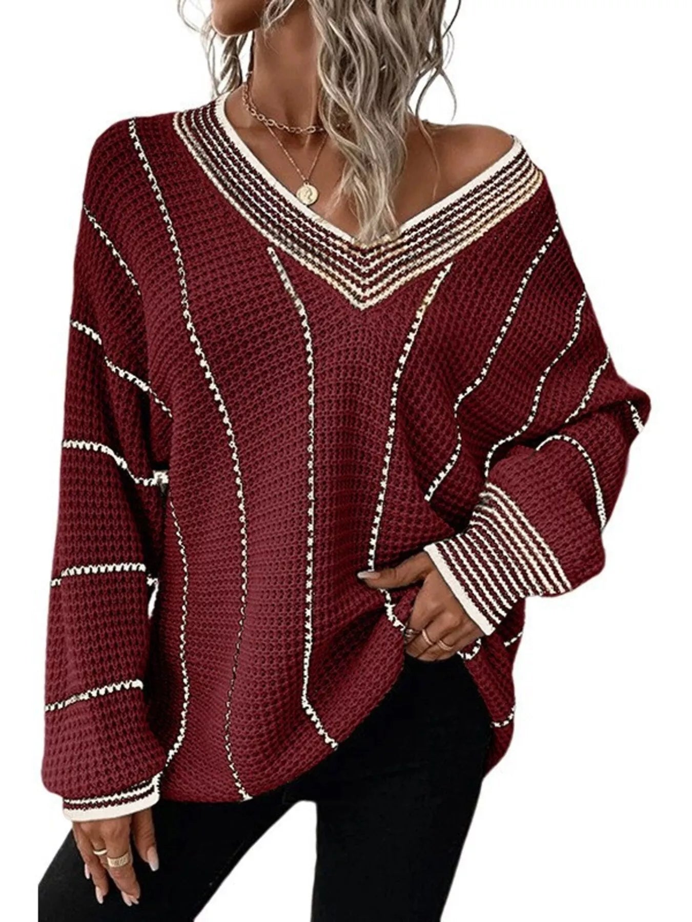 Yazira - Casual loose v-neck textured knit sweater