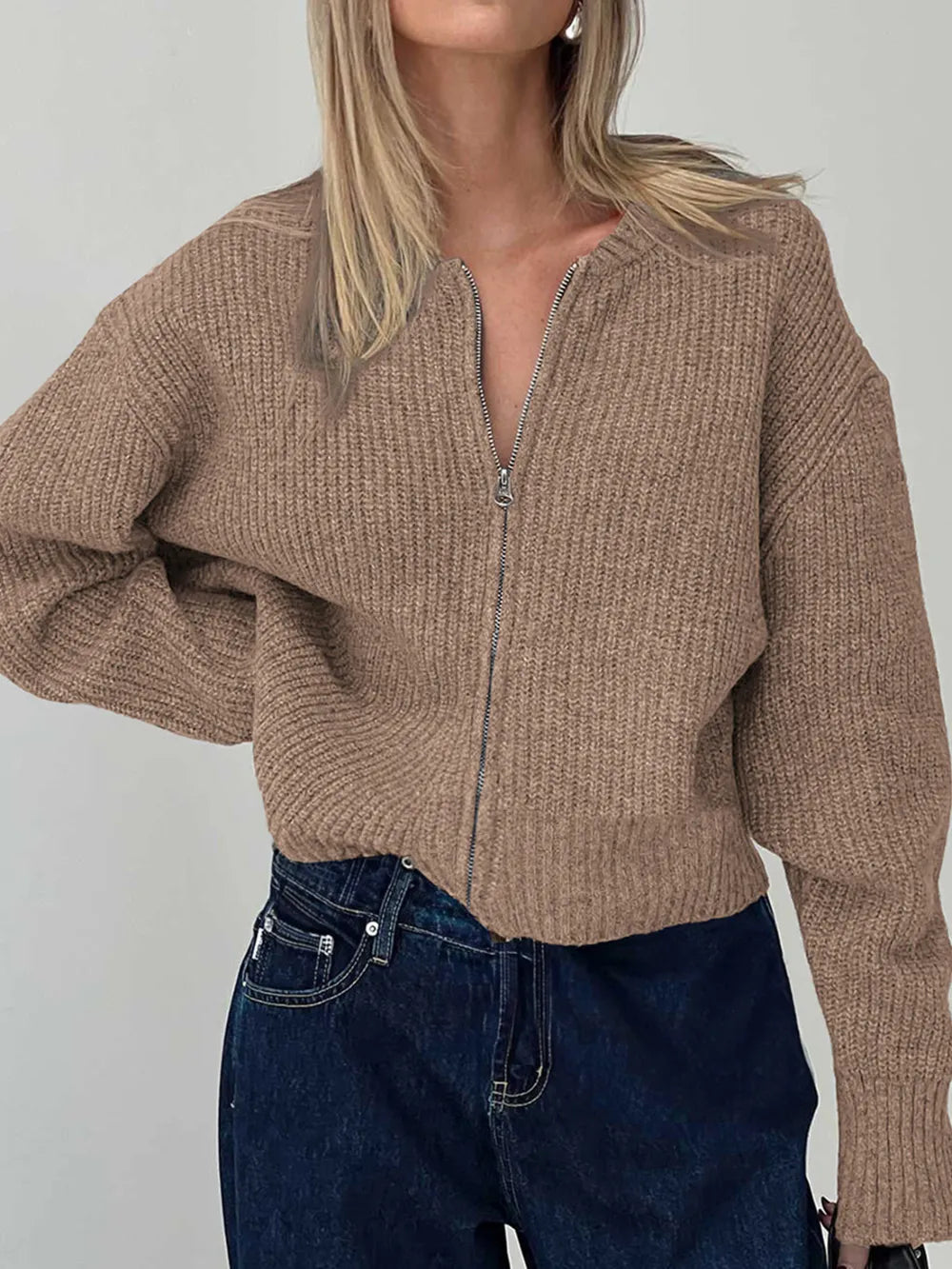 Cathryn - Casual ribbed knitted zip-up long sleeve cardigan