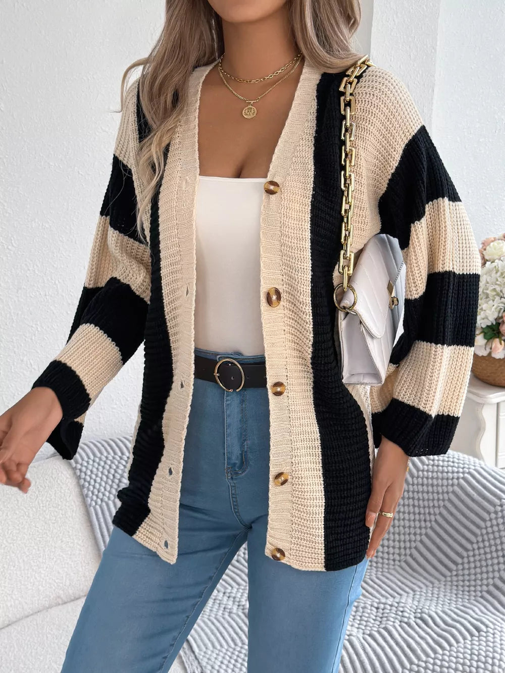 Zyla - Stylish color block stripe button-up cardigan
