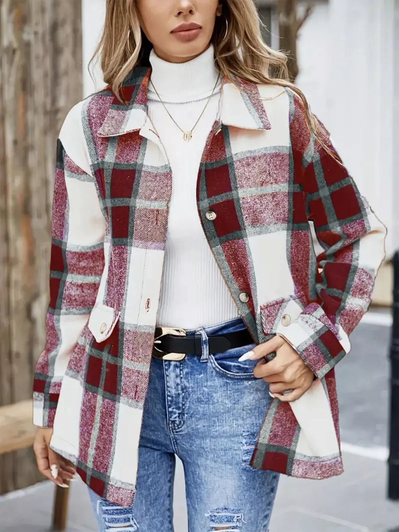 Liana - Versatile plaid button-up long sleeve shacket