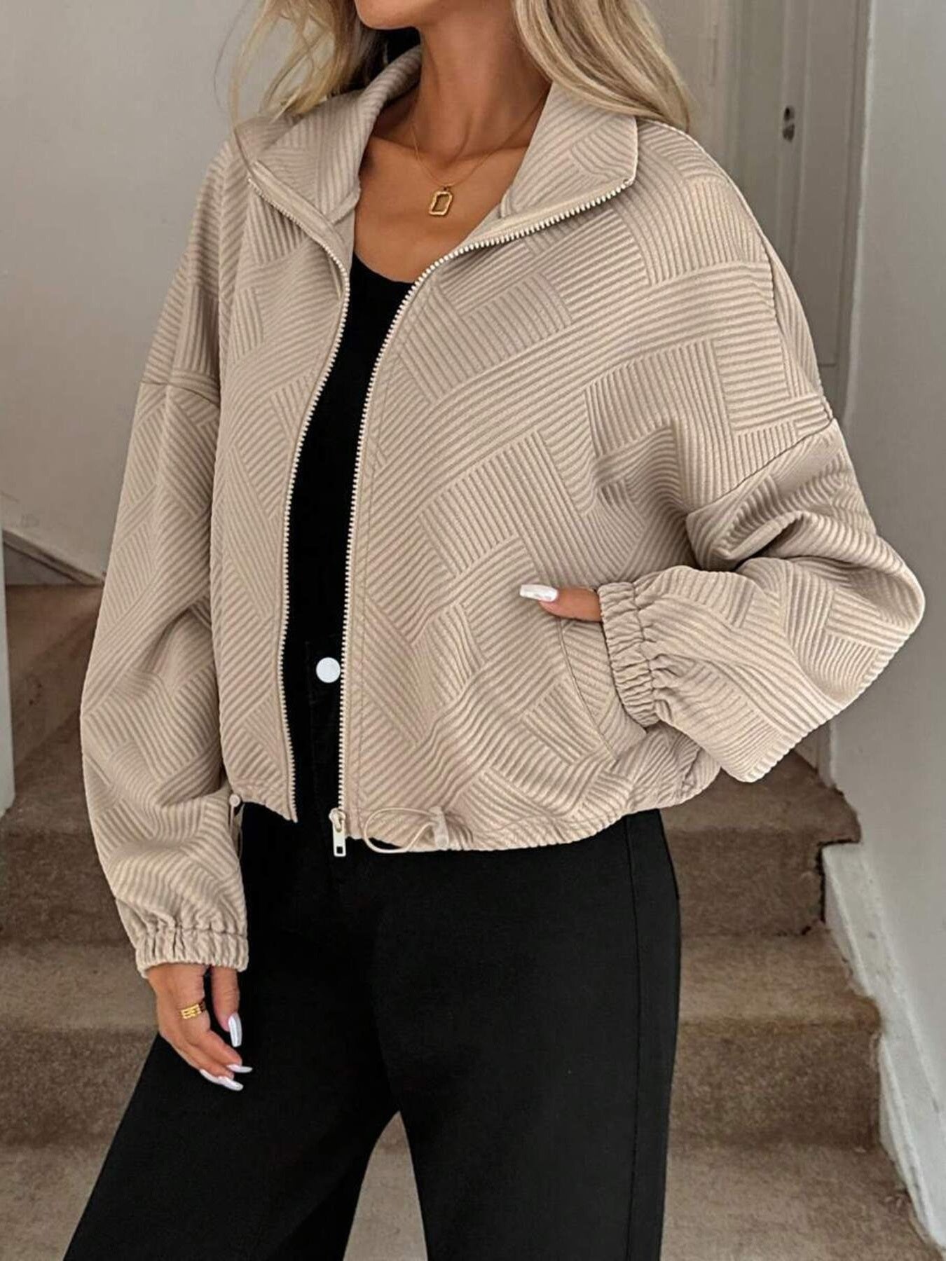 Lysa - Drawstring hem textured long sleeve jacket