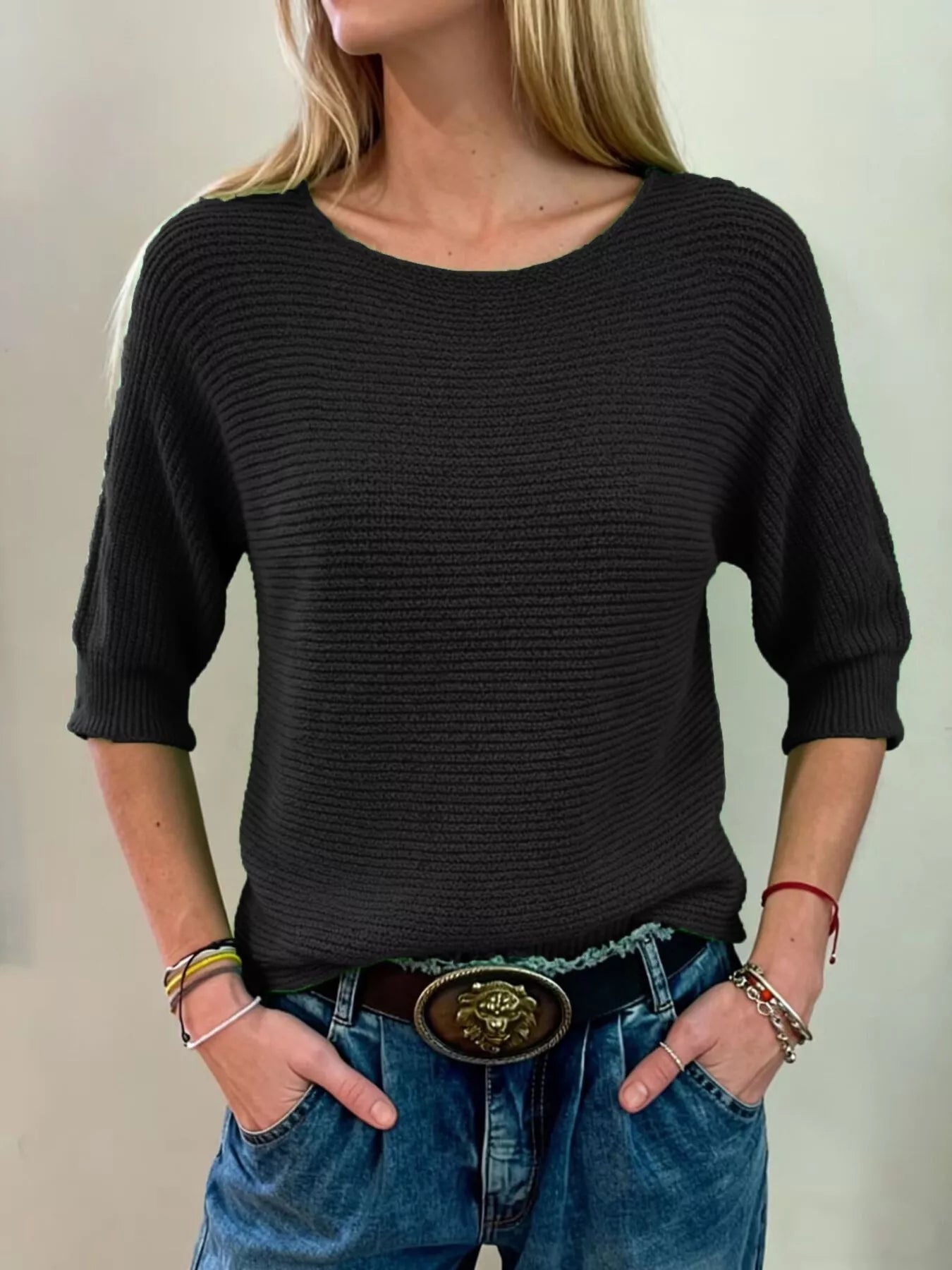 Elisheva - Ribbed knitted round neck half-sleeve sweater