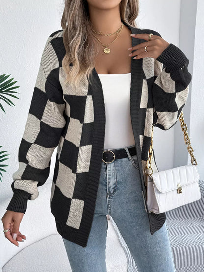 Omelina - Cozy checkered pattern open front cardigan