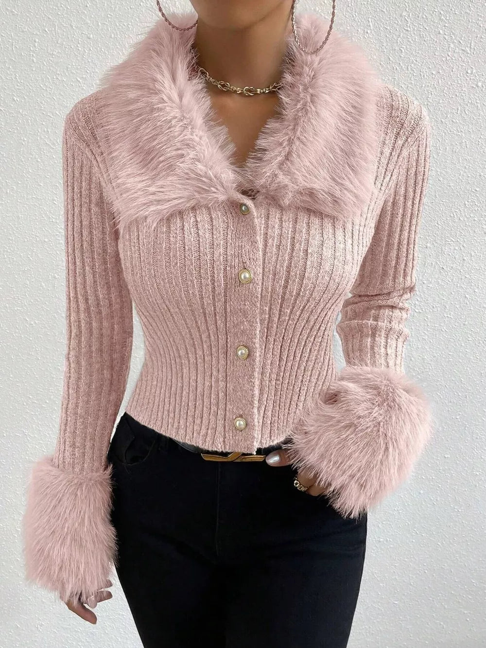 Ninette - Faux fur trim ribbed knit cropped cardigan