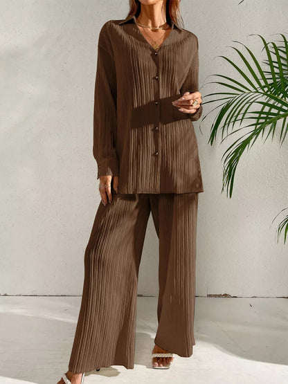 Jimmena - Cozy long sleeve textured shirt and wide leg pants set