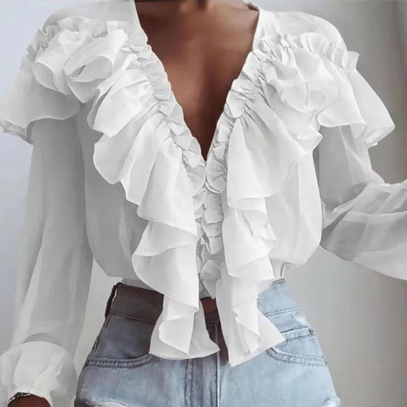 Nychelle - Elegant long-sleeve ruffle blouse with deep V-neck