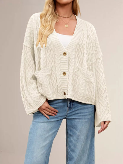 Zenitha - Stylish cable knit button-down loose cardigan