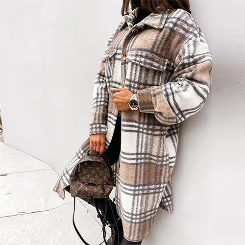 Caitlin's Elegance | Women's Long Coat with Classic Check | Warm, Lightweight, Versatile