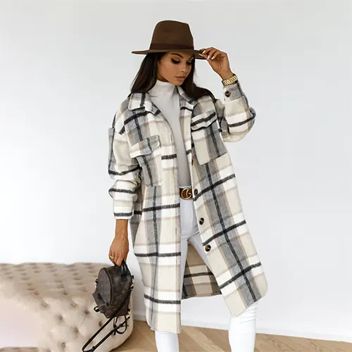 Caitlin's Elegance | Women's Long Coat with Classic Check | Warm, Lightweight, Versatile