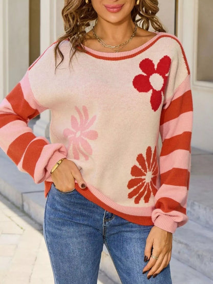 Elvia - Floral striped sleeve round neck sweater