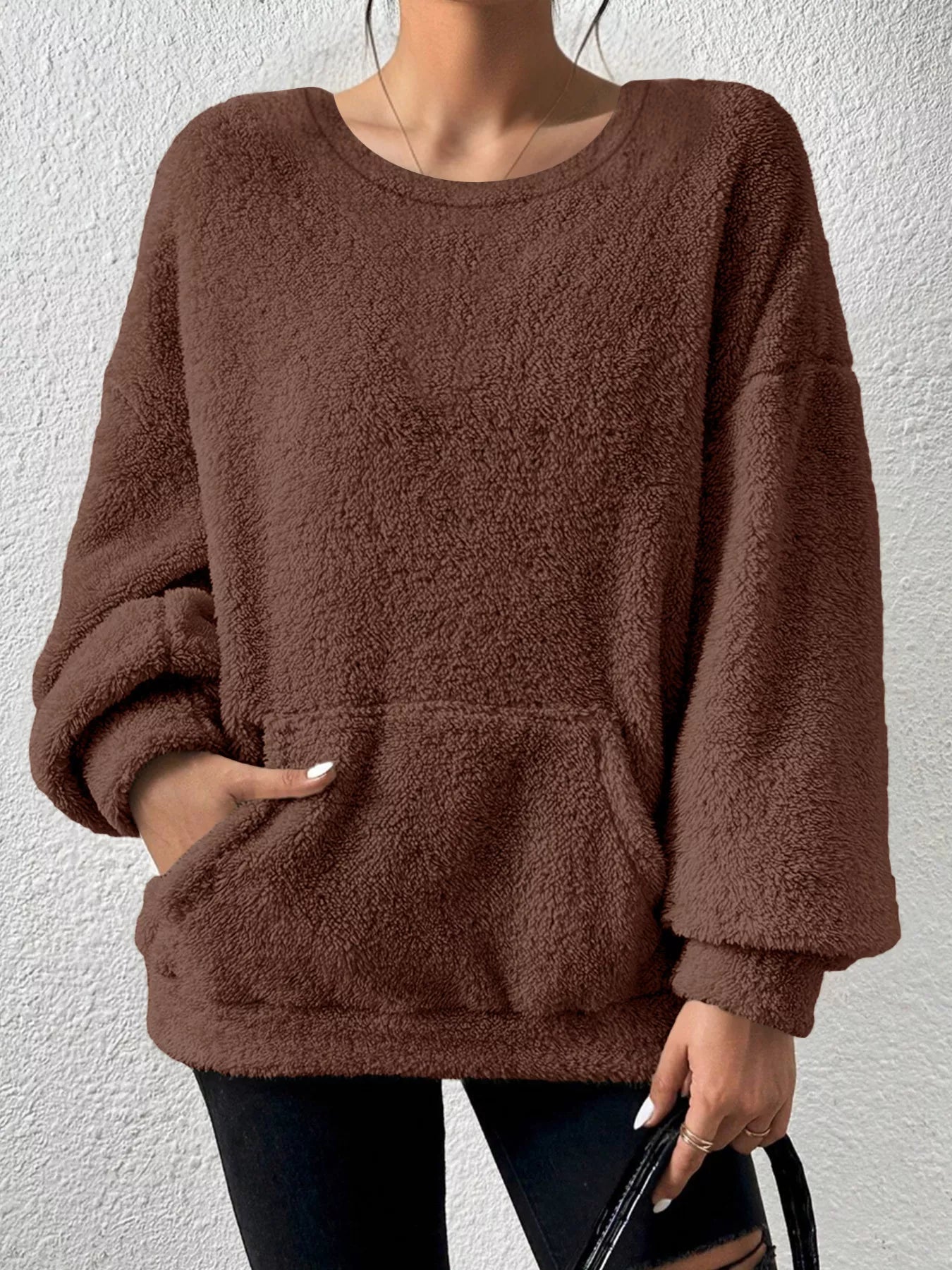 Jiana - Cozy fleece round neck dropped shoulder warm sweater