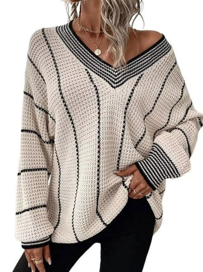 Yazira - Casual loose v-neck textured knit sweater