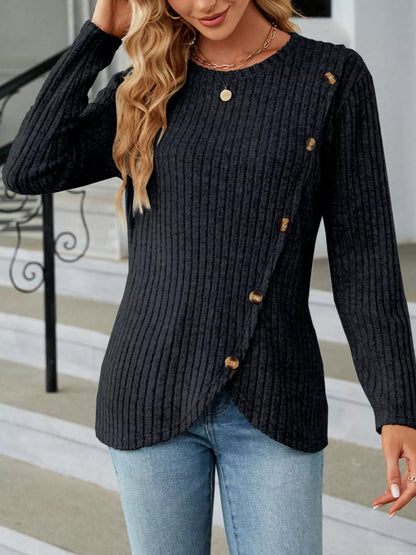 Alayna - Elegant Ribbed Buttoned Sweatshirt